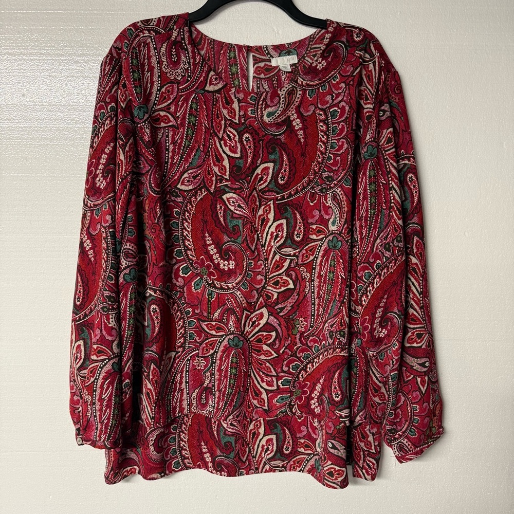 J.Jill Shirt Women 3X Red Colorful Paisley Scoop Neck Button Key Whole Back Boho